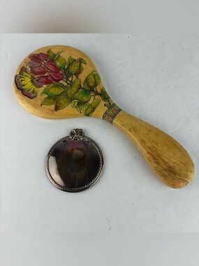Hand Painted Hand Mirror & Oneida Silver Compact Mirror Bundle - So Unique!